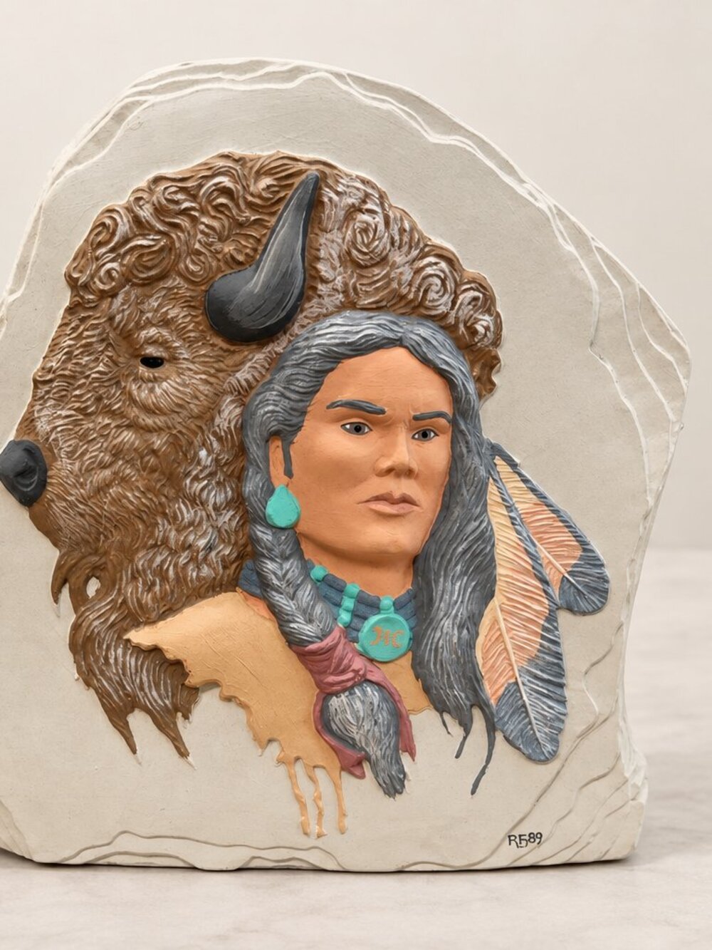 Vintage Southwestern Buffalo Relief Sculpture Signed RG 89 12 Inch